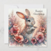 ハッピーイースターピーチウォーターカラーフローラバニーイースター シーズンカード (正面)