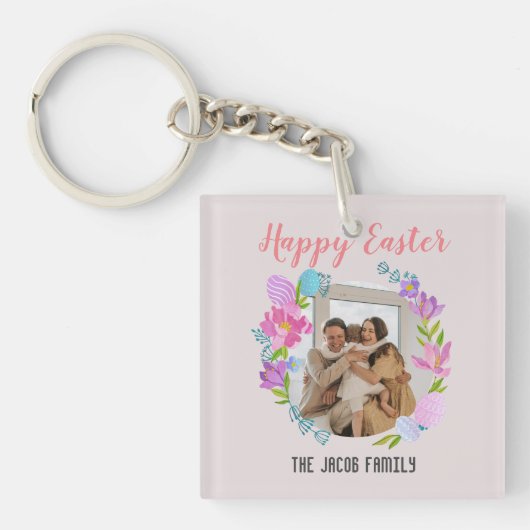 ハッピーイースターファミリー，イースターバニー家族1枚の写真 キーホルダー (正面)