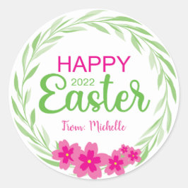 ハッピーイースターフラワースタンプ（ピンク緑） ラウンドシール