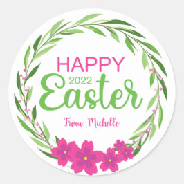 ハッピーイースターフラワースタンプ（ピンク緑） ラウンドシール