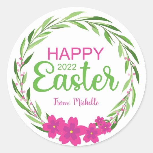 ハッピーイースターフラワースタンプ（ピンク緑） ラウンドシール (正面)