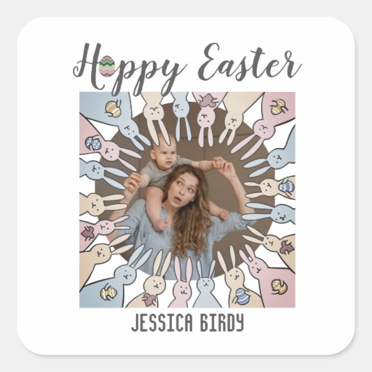 ハッピーイースターフレンド、イースターバニーのママ&ベビー写真 スクエアシール (正面)