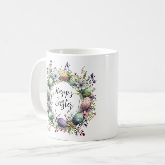 ハッピーイースターフローラ卵リースカスタムモノグラム コーヒーマグカップ (正面左)