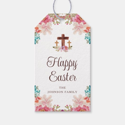 ハッピーイースターフローラ水彩宗教十字架 ギフトタグ (正面)