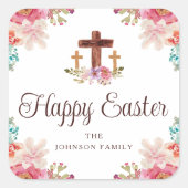 ハッピーイースターフローラ水彩宗教十字架 スクエアシール (正面)