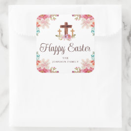 ハッピーイースターフローラ水彩宗教十字架 スクエアシール