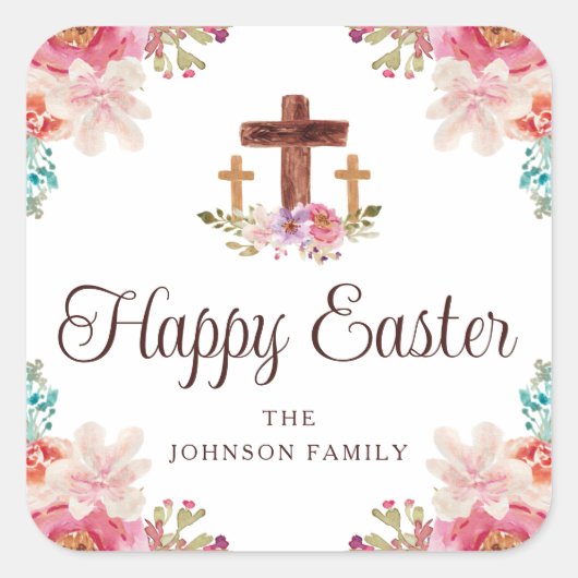 ハッピーイースターフローラ水彩宗教十字架 スクエアシール (正面)