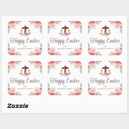 ハッピーイースターフローラ水彩宗教十字架 スクエアシール (シート)