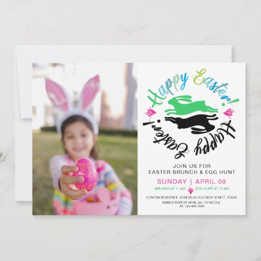 ハッピーイースターブルンチエッグ狩りバニーカラフル写真 招待状 (正面)