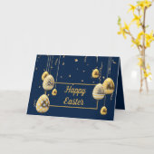 ハッピーイースターブルーとゴールデンエッグの挨拶 カード (黄色い花)