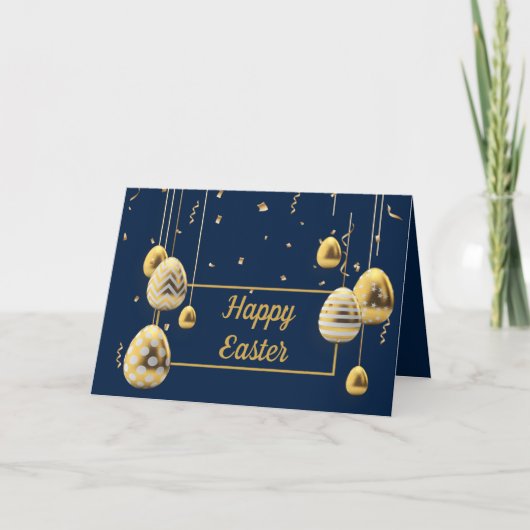 ハッピーイースターブルーとゴールデンエッグの挨拶 カード (正面)