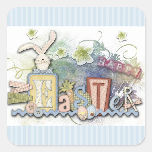 ハッピーイースターブルーバニー&フラワーステッカー スクエアシール (正面)