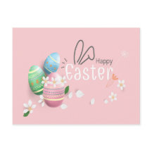 ハッピーイースターブルーピンクグリーン卵グリーティングポストカード
