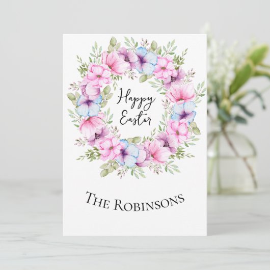 ハッピーイースターベビー赤面ピンク薄紫牡丹リース シーズンカード (スタンド正面)