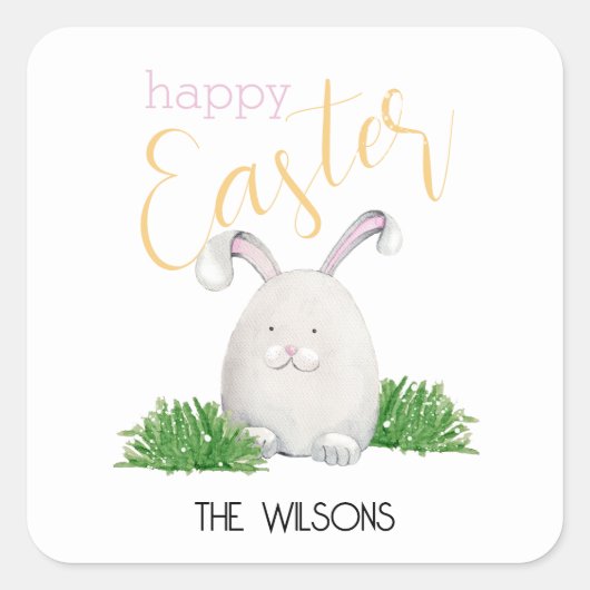 ハッピーイースターペットバニーウォーターカラーイラストレーション スクエアシール (正面)
