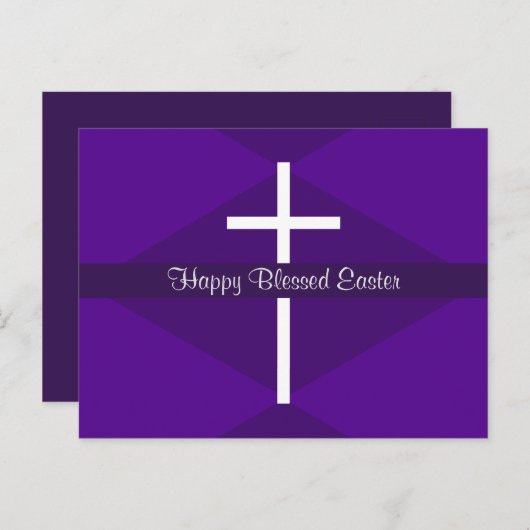 ハッピーイースターホワイトクロスパープルクリスチャン シーズンポストカード (正面/裏面)