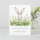 ハッピーイースターホワイトバニー花模様 パーソナライズされた シーズンカード (スタンド正面)