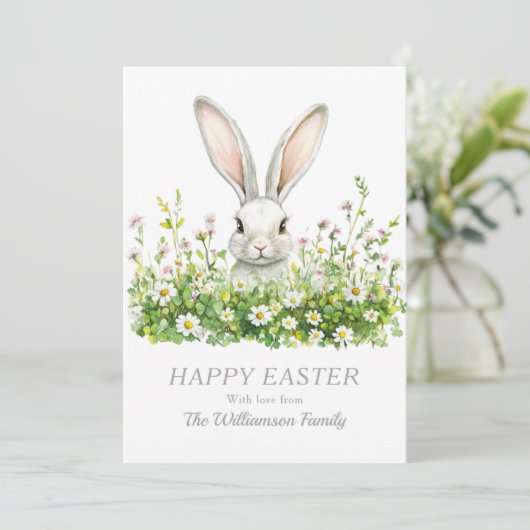 ハッピーイースターホワイトバニー花模様 パーソナライズされた シーズンカード (スタンド正面)