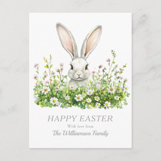 ハッピーイースターホワイトバニー花模様 パーソナライズされた シーズンポストカード (正面)