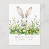 ハッピーイースターホワイトバニー花模様 パーソナライズされた シーズンポストカード (正面)