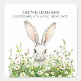 ハッピーイースターホワイトラビット花模様 パーソナライズされた スクエアシール