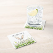 ハッピーイースターホワイトラビット花模様 パーソナライズされた スクエアペーパーコースター (インサイチュ)