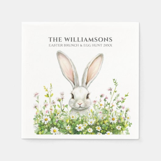 ハッピーイースターホワイトラビット花模様 パーソナライズされた スタンダードカクテルナプキン (正面)
