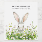 ハッピーイースターホワイトラビット花模様 パーソナライズされた ワインラベル (シングルラベル)