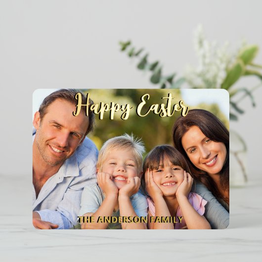 ハッピーイースターモダンスエレガントクリッカスタムト写真 箔シーズンカード (立ち正面)