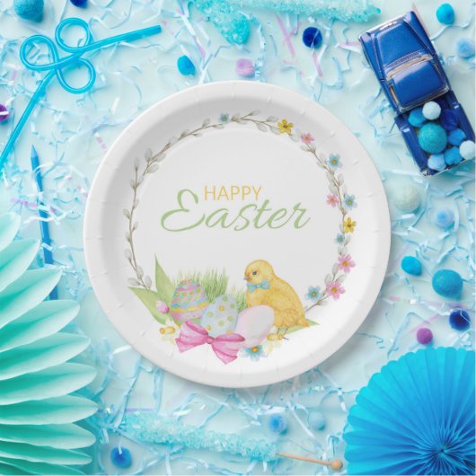 ハッピーイースターモダンチックエッグフローラリース ペーパープレート (パーティー)