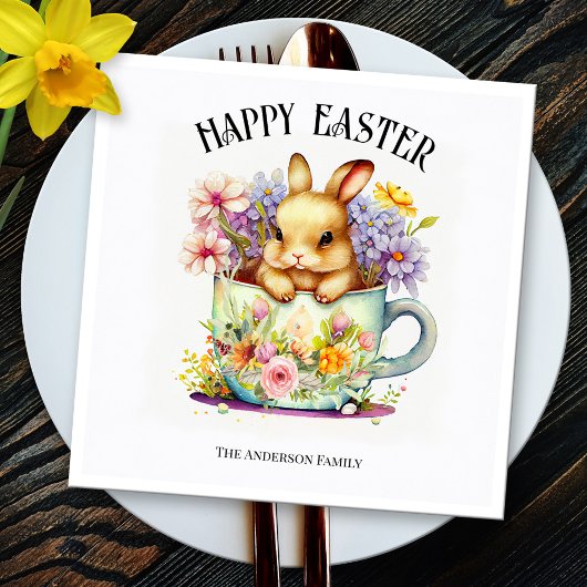 ハッピーイースターレトロウォーターカラーバニー スタンダードカクテルナプキン