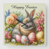 ハッピーイースターヴィンテージうさぎ装飾壁時計 スクエア壁時計 (正面)
