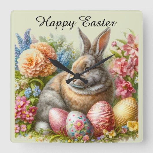 ハッピーイースターヴィンテージうさぎ装飾壁時計 スクエア壁時計 (正面)