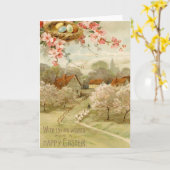 ハッピーイースターヴィンテージタウンネストグリーティングカード カード (黄色い花)