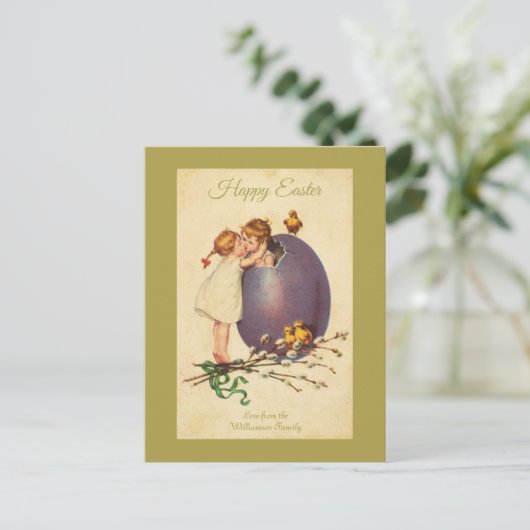 ハッピーイースターヴィンテージチクスエッグボーイガールカスタム シーズンポストカード (スタンド正面)