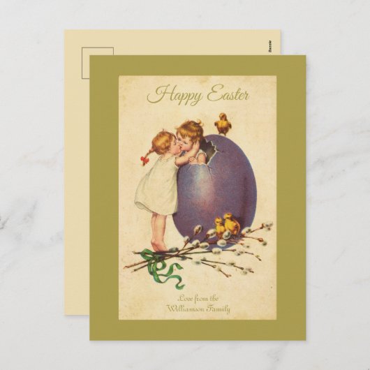 ハッピーイースターヴィンテージチクスエッグボーイガールカスタム シーズンポストカード (正面/裏面)