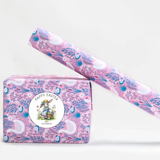 ハッピーイースターヴィンテージ水彩バニーと卵 ラウンドシール