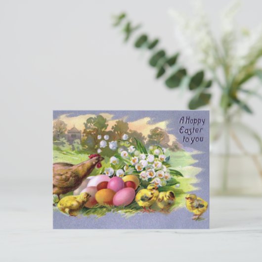 ハッピーイースターヴィンテージ鶏と卵カラフル ポストカード (スタンド正面)