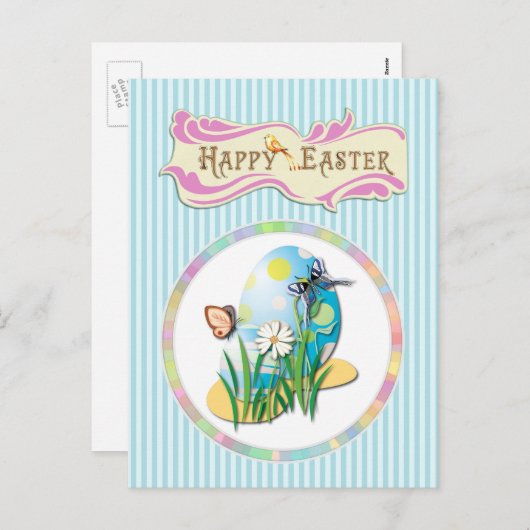 ハッピーイースター卵と蝶オンブルーストライプズ シーズンポストカード (正面/裏面)