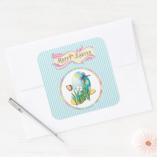 ハッピーイースター卵と蝶オンブルーストライプズ スクエアシール (封筒)