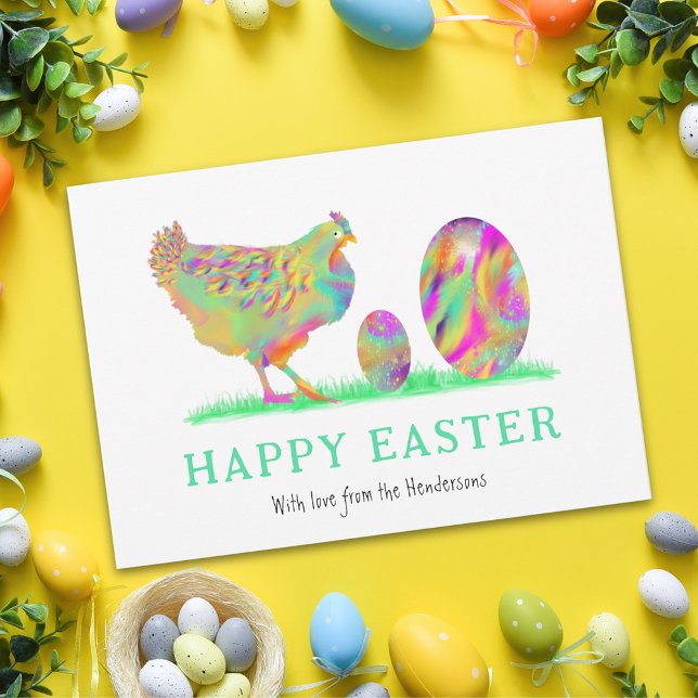 ハッピーイースター卵チキンウォーター色予算 (Personalized happy Easter cute colorful hen and eggs watercolor holiday greetings card)
