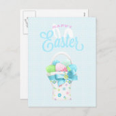 ハッピーイースター卵バスケットと青いドット シーズンポストカード (正面/裏面)