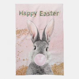 ハッピーイースター吹バニーのピンクバブルガム キッチンタオル