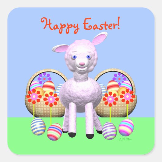 ハッピーイースター子羊とイースターエッグ スクエアシール (正面)