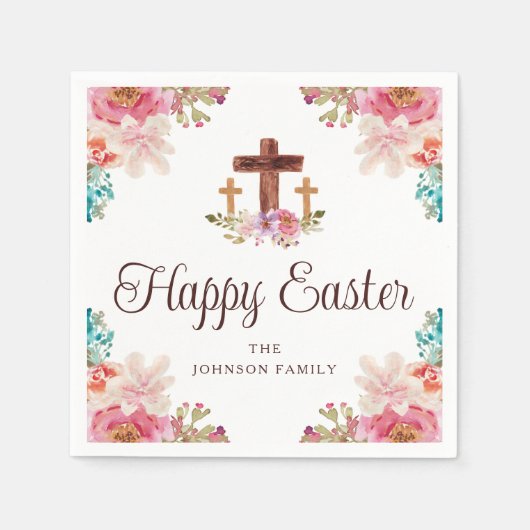 ハッピーイースター宗教的クロスフローラ水色 スタンダードカクテルナプキン (正面)