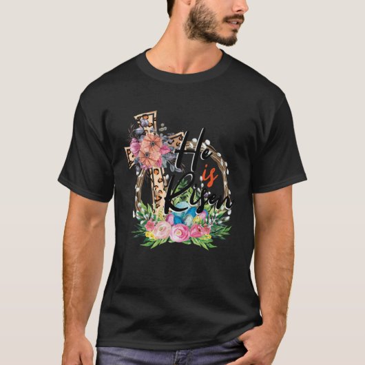 ハッピーイースター彼はクロスフローラ花leopa上昇 tシャツ (正面)