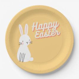 ハッピーイースター文字とバニーオレンジ ペーパープレート