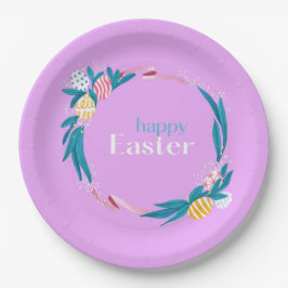 ハッピーイースター文字と葉リースパープル ペーパープレート