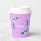 ハッピーイースター文字と葉リースパープル 紙コップ (正面)