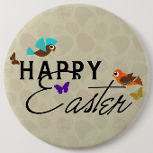 ハッピーイースター文字デザインと蝶と鳥 缶バッジ (正面)